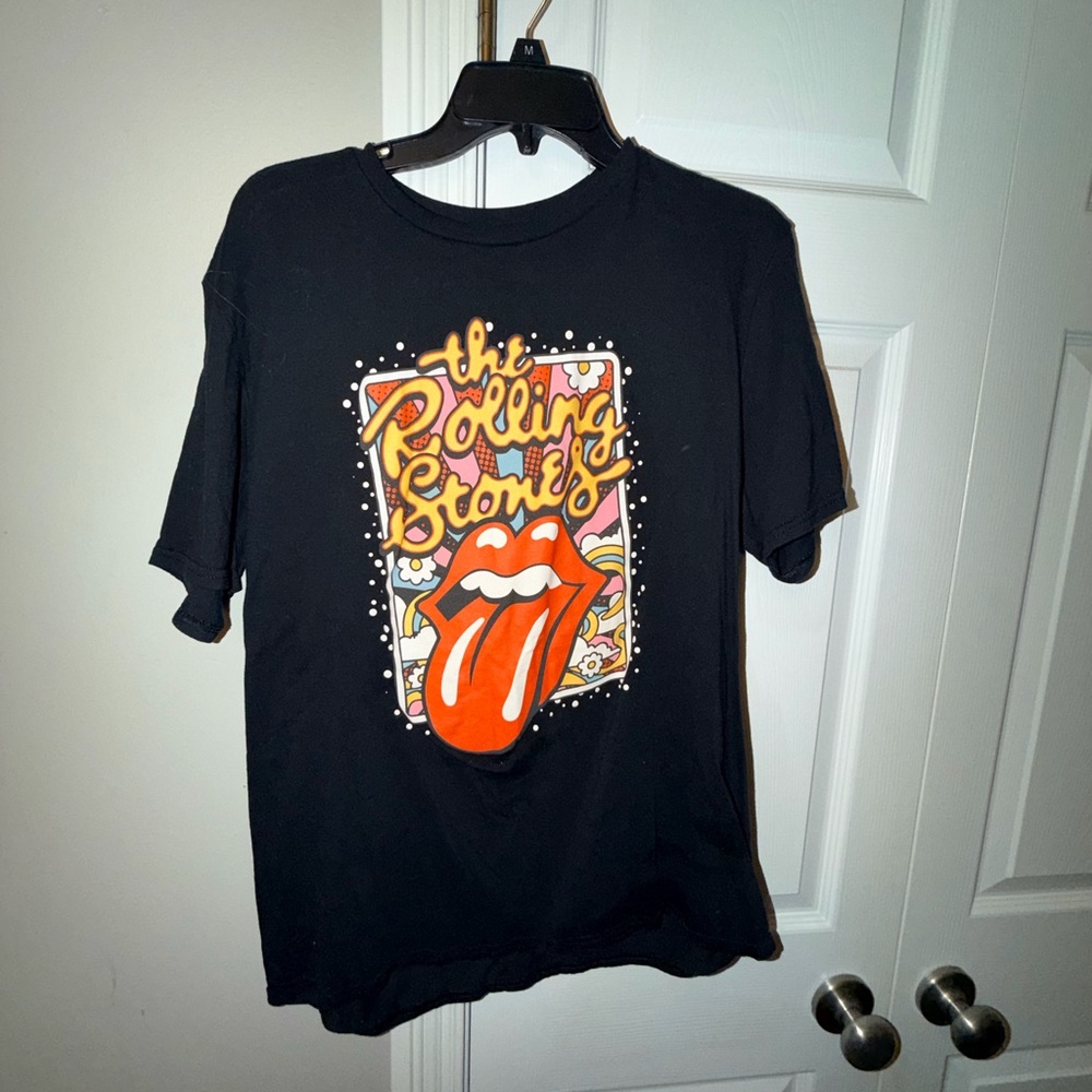 The Rolling Stones Black Tee with Colorful Tongue Graphic